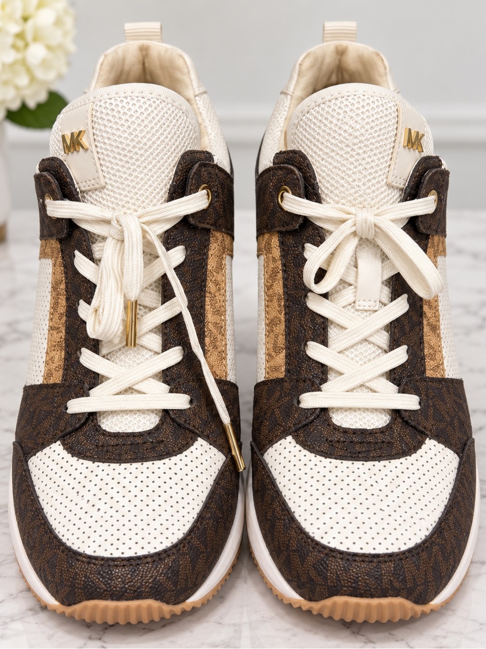 Michael Kors Cream and Brown Logo-Trim Lace-Up Sneakers
